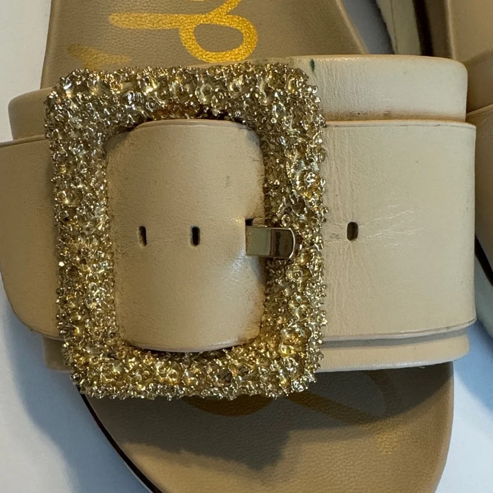 Sam Edelman Cream Slide Sandals with Gold Glitter Buckles - Picture 4 of 4